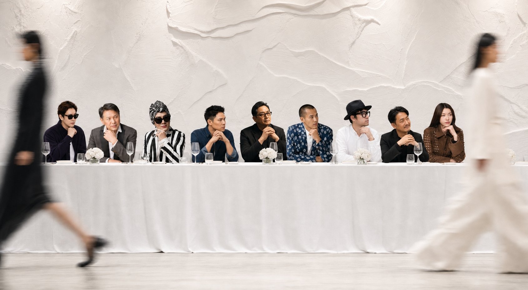The nine QURATED fashion mentors seated at a long table